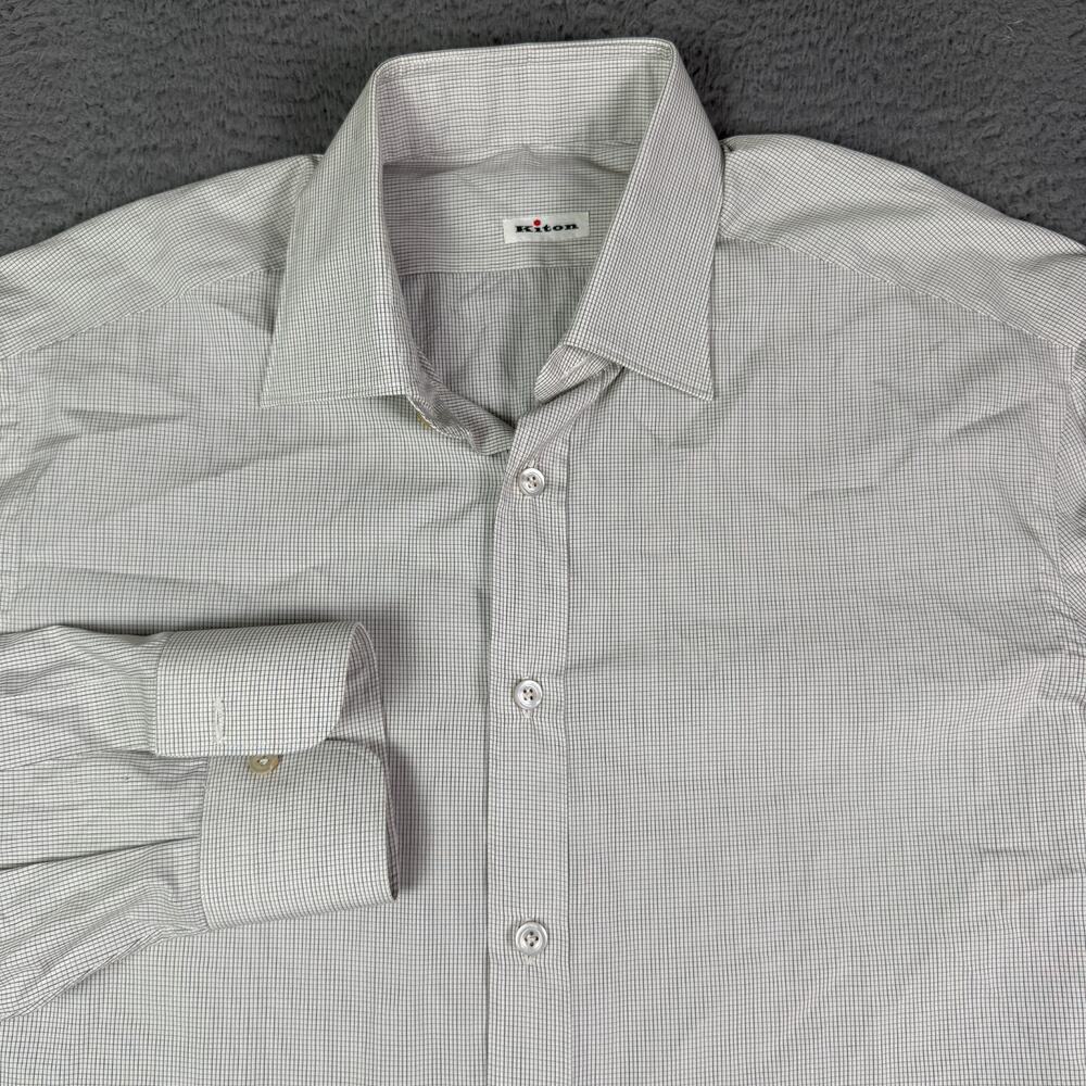 Kiton Dress Shirt Mens 17/43 White Plaid Check Long Sleeve Cotton Italy